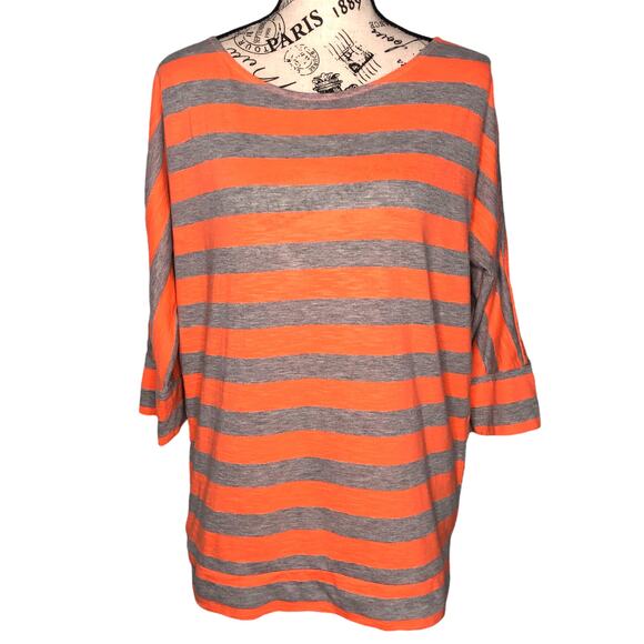 Loft LARGE Gray Orange Striped Wide Hem Cuff Back Button Detail Pullover Tee - Picture 1 of 13